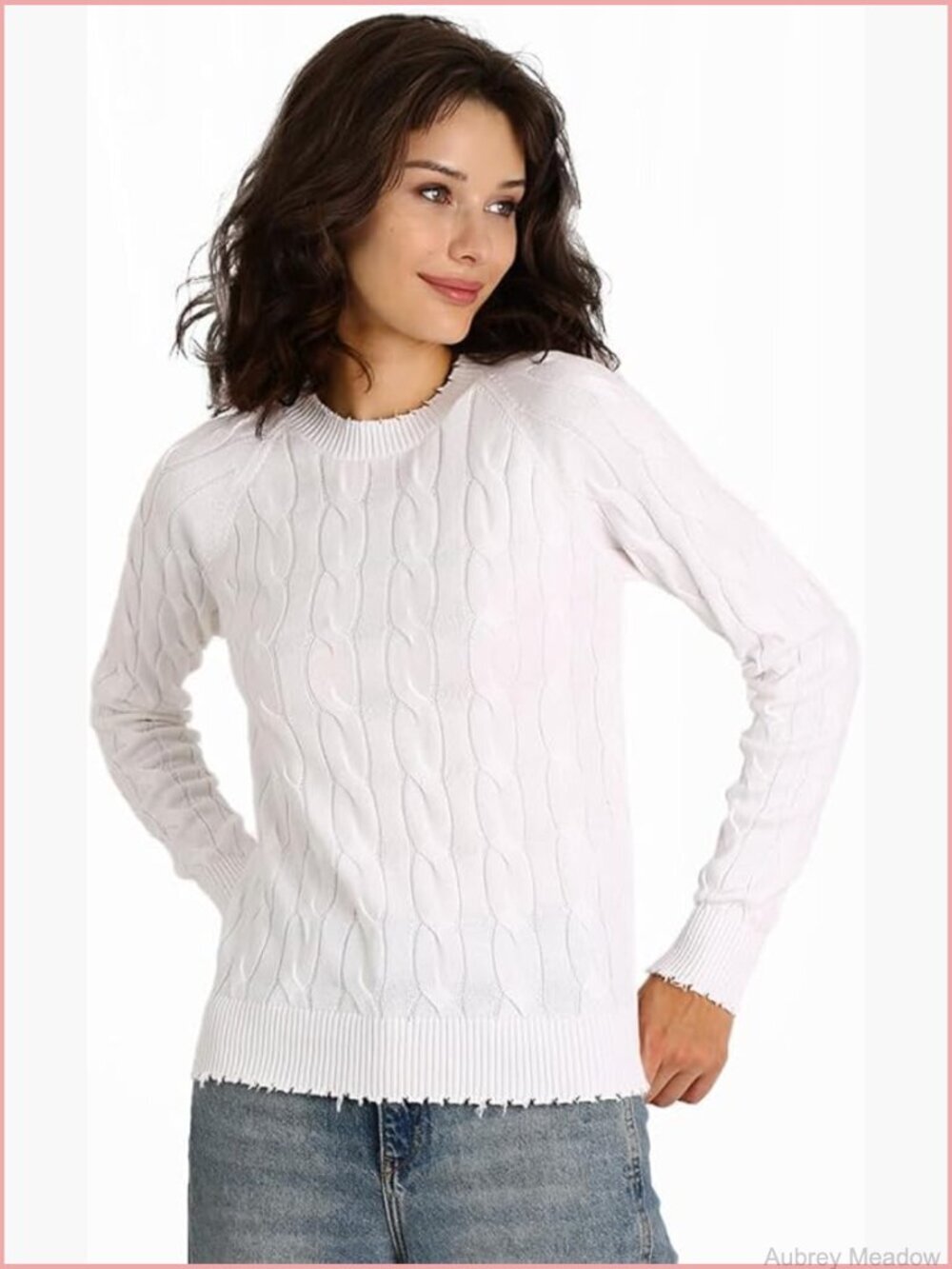 Women's Crewneck Cable Cotton Frayed Sweater Slim Fit Pullover